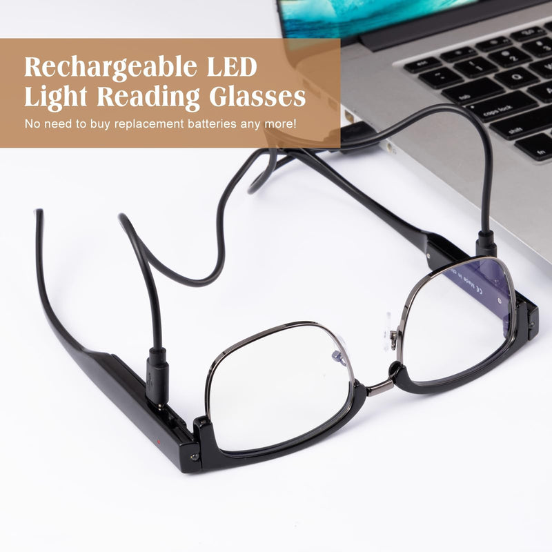 SKYWAY Reading Glasses with Light Metal Frame Magnifier Reading Glasses rechargeable Bright Led Readers Glasses for Men Women Black 2.5 x