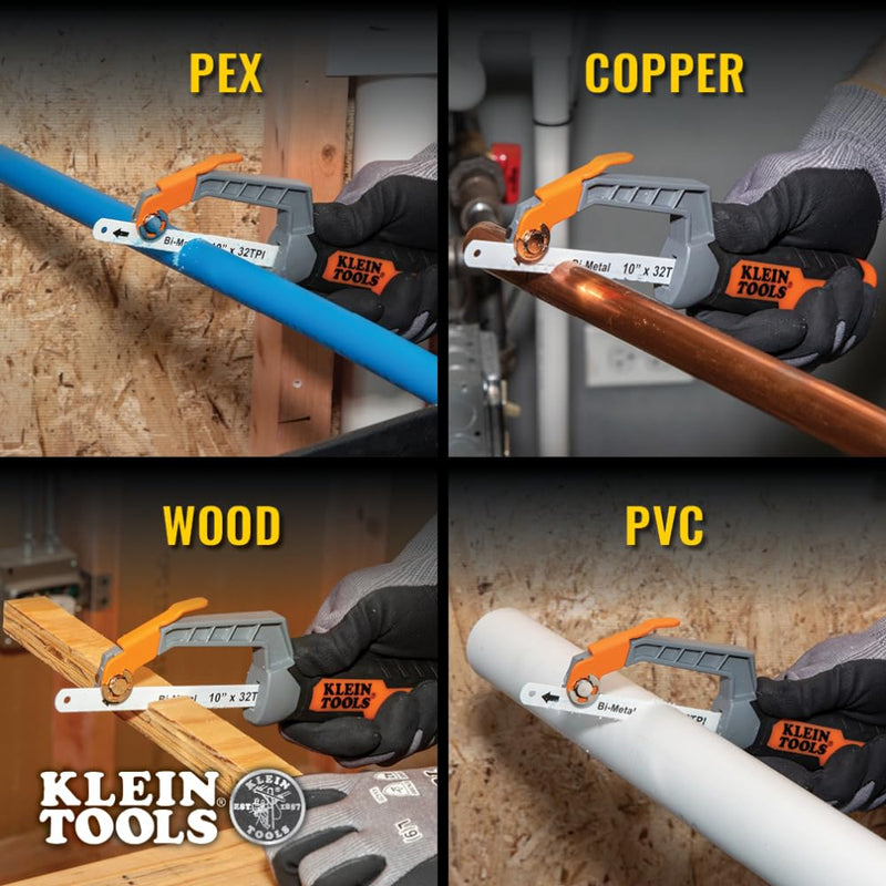 Klein Tools 31432FC Mini Finish-Cut Hacksaw, 10-Inch 32 TPI Bi-Metal Blade Hand Saw, Cuts Plastic, Wood, and Thin-Wall Metal in Tight Spaces
