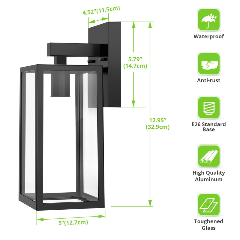 MAXvolador Outdoor Wall Sconce, Exterior Waterproof Wall Lantern Light Fixtures, Black Porch Lights with Toughened Glass Shade, Anti-Rust E26 Socket Front Door Wall Mount Lighting, 2 Pack Large - NewNest Australia