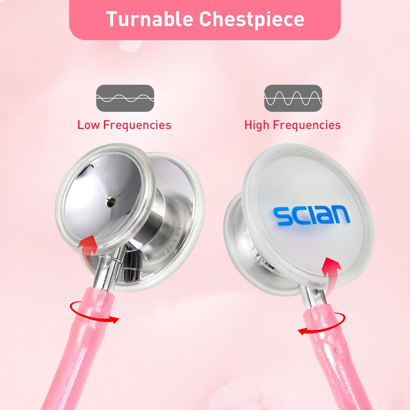 SCIAN Dual Head Stethoscope for Nurses, Kids, Adults, Classic Stainless Steel Stethoscope Kit Medical Supplies with Free Accessories and Carrying Case, Pearlescent Pink Tube