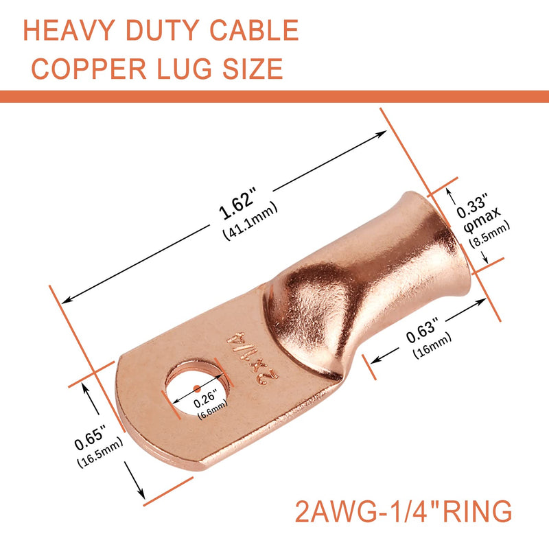 10pcs 2 AWG-1/4”(M6) Ring Terminals 2 Gauge Copper Wire Lugs Battery Cable Ends Heavy Duty Battery Cable Terminal Connectors 2 AWG - 1/4'' Ring