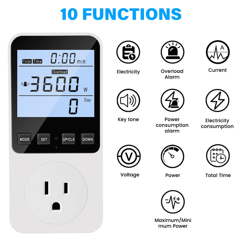Upgraded Watt Meter, Plug-in Socket Power Meter with LCD Backlight Display – Home Electricity Usage Monitor Tests Voltage AMP Kilowatt, Overload Protection, 8 Display Modes, 110V-130V