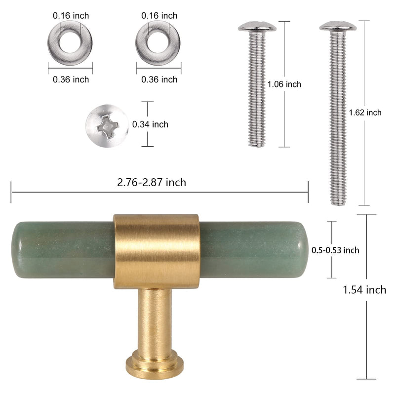 TUMBEELLUWA Set of 2 Crystal Stone T Bar Pull Handles with Screws, Brushed Brass Single Hole Quartz Stick Hardware Cabinet Knobs for Dresser Cupboard Kitchen Decor, Green Aventurine