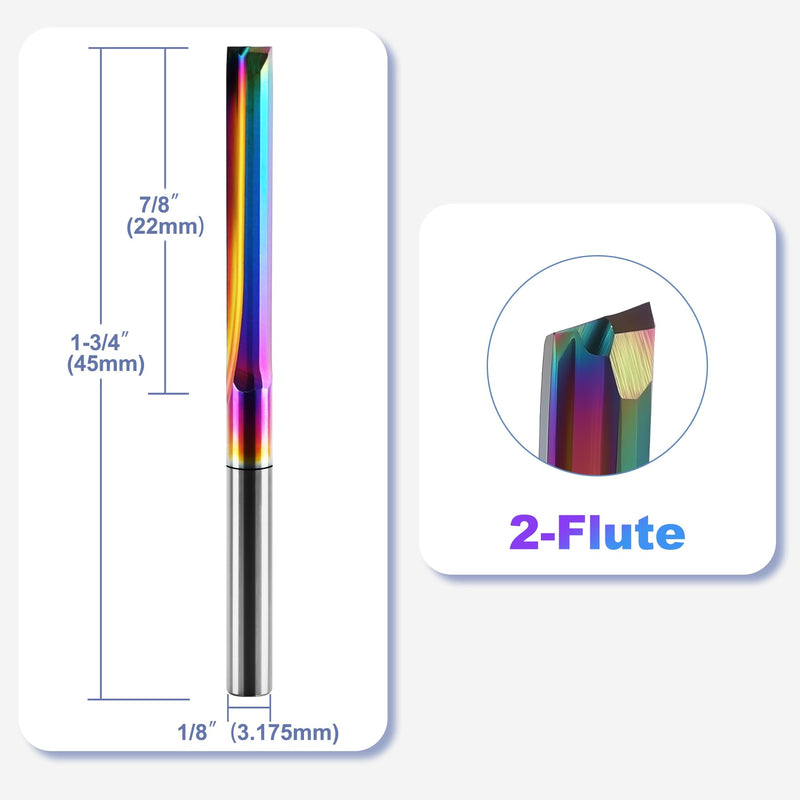 10 Pcs CNC Straight Router Bits 1/8 inch Shank, 2-Flute Carbide Straight Milling Cutter with DLC Coating, 22mm CEL/45mm OAL, CNC Milling Cutting for MDF, PVC, Acrylic, Chipboard & Woodworking