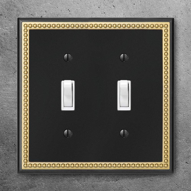 Pearled Frame Decorative Wall Plate Switch Plate Outlet Cover (Double Toggle, Black & Dark Golden) Double Toggle