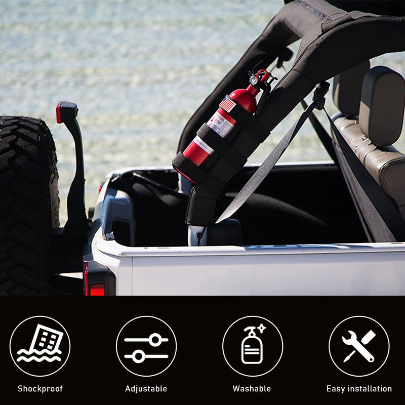 Roll Bar Fire Extinguisher Holder, Adjustable Fire Extinguisher Mount Strap with American Flag Pattern, Car Accessories Fixed Belt for Wrangler JK JKU TJ CJ Gladiator (Black) Black