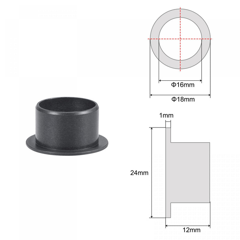 uxcell Flanged Sleeve Bearings 16mm Bore 18mm OD 12mm Length POM Wrapped Oilless Bushings Black 2pcs 16x18x12mm