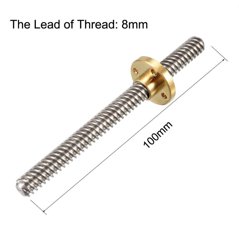 uxcell 100mm Length T8 8mm Dia Lead Screw Rod,8 Lead Stainless Steel Lead Screw Rod with Copper Nut Trapezoidal Thread for 3D Printer Z Axis2pcs