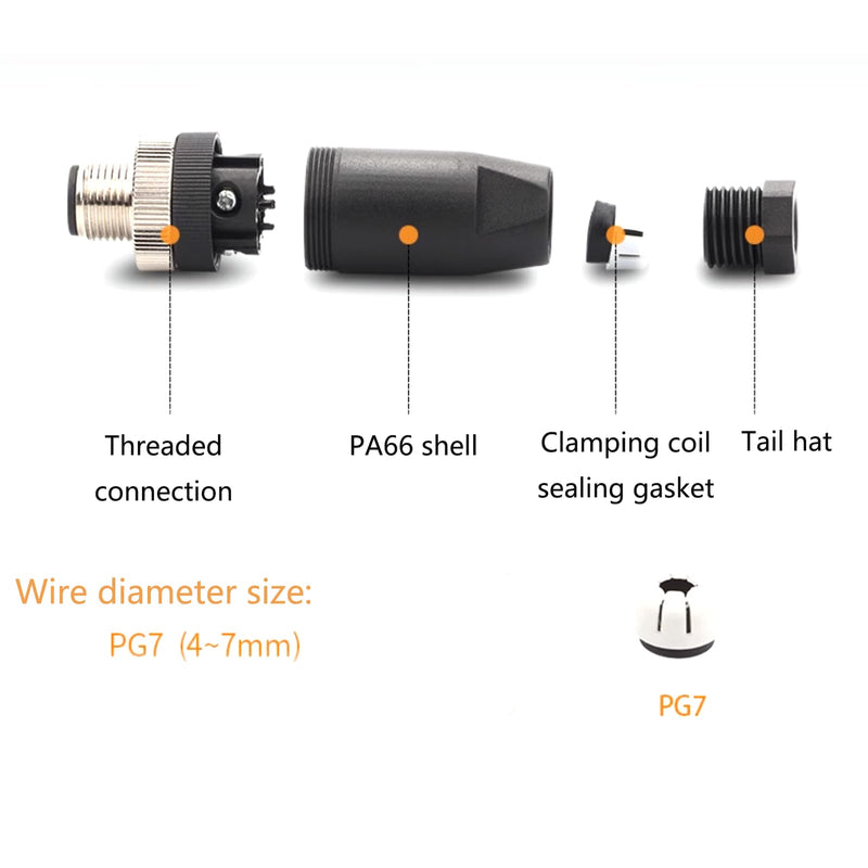 5Pcs M12 4 Pin D Code Male Connector, Field Assembly Wireable Adapter 12mm IP67 Waterproof Straight Sensor Unshiled Industrial Circular Connector for Electric Bicycles PG7 Cable 250V 4A