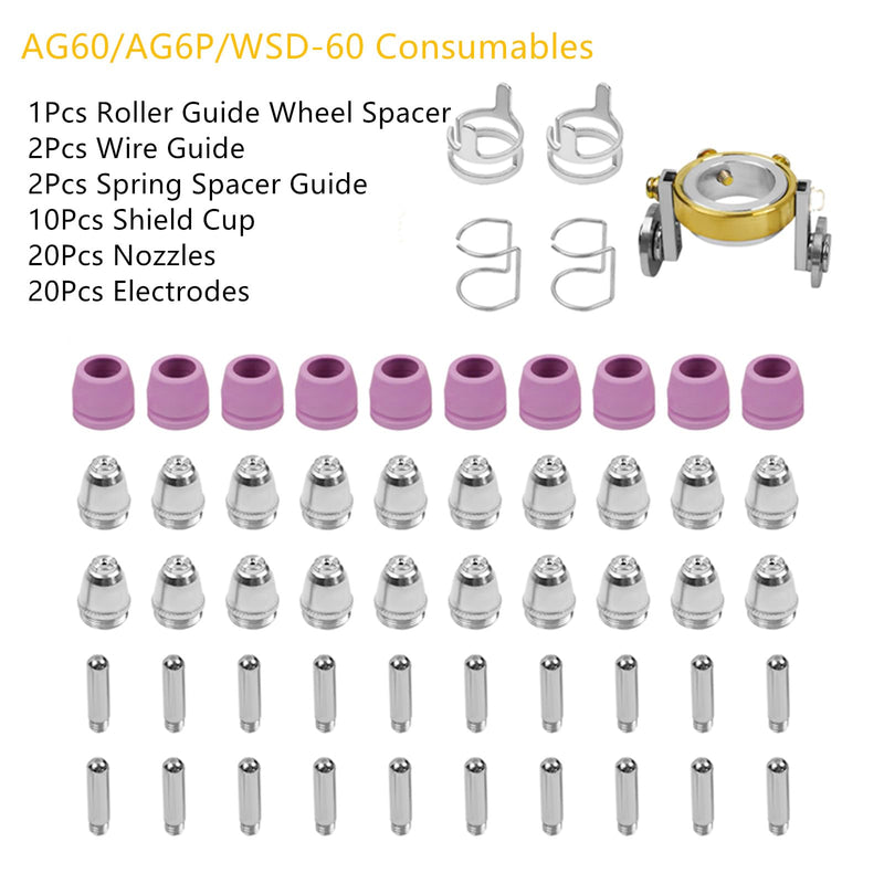 SSimder AG60P Plasma Cutter Torch Consumables 55Pcs Cutting Torch Tip Nozzles Kit With Roller Guide Wheel Spacer For SG-55 AG-60 WSD-60 CUT50PRO