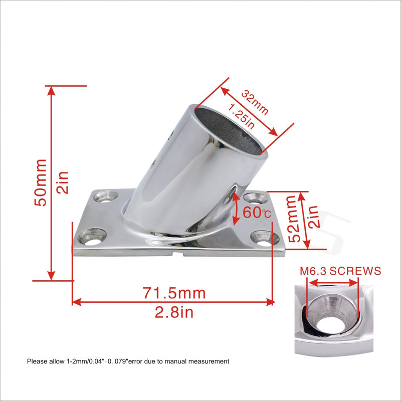 Boat Hand Rail Fitting-60/90 Degree 32MM Rectangular Base-Marine 316 Stainless Steel usd by Boats/Awning with Screws 60° FOR 1-1/4in Tube