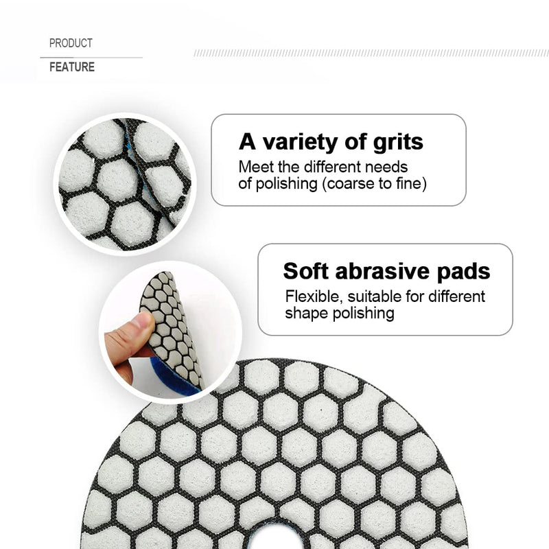 SHDIATOOL Dry Diamond Polishing Pads 4 Inch Set of 7 Pieces Plus a Rubber Backer for Granite Marble Stone Sanding Pads Mixed Grits+R backer