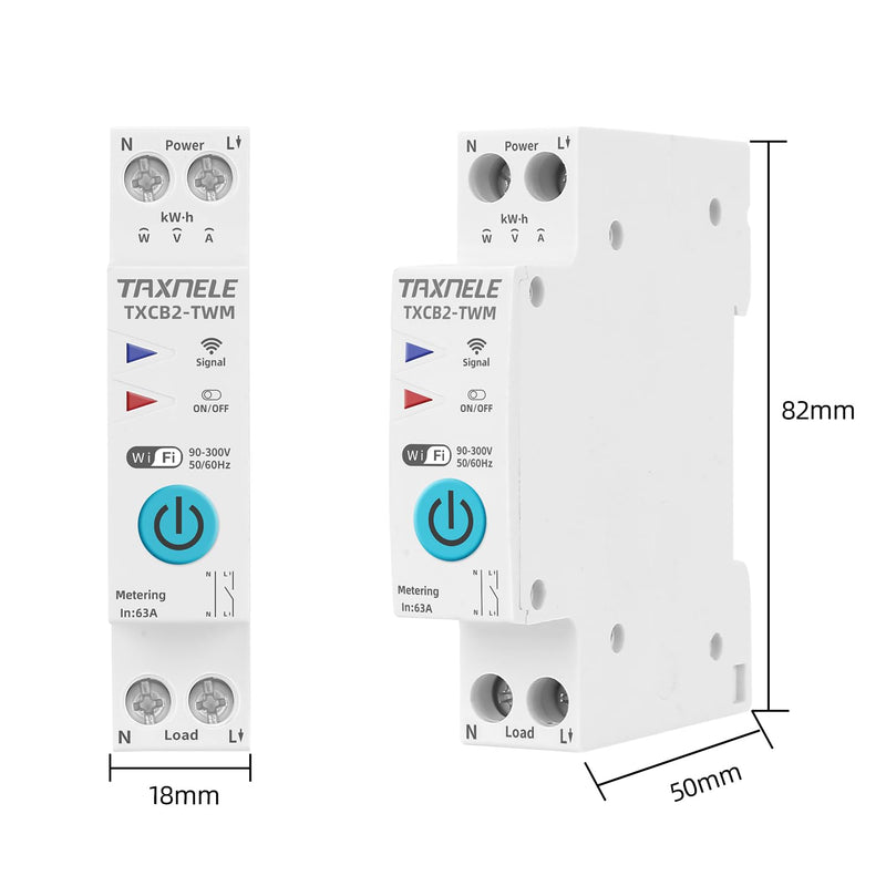 WiFi Smart Circuit Breaker Power Metering Energy Meter KWh 1P 230V 63A Voltmeter Ammeter DIN Rail Smart Life Wireless Remote Control Switch Timer Voice Control (50A)