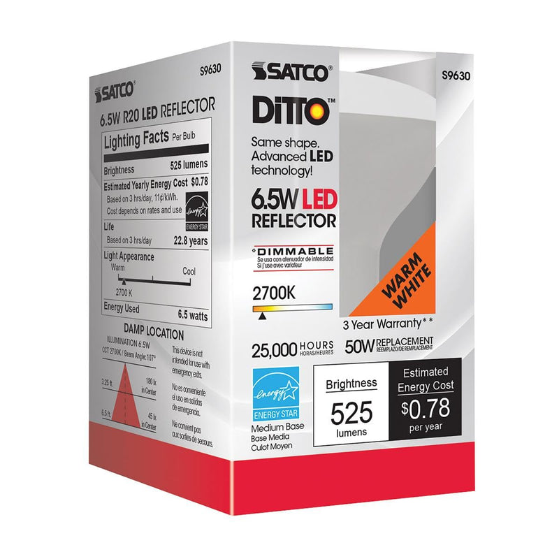 Satco 6.5 Watt LED Reflector Light Bulb; R20; 2700K Warm White; 525 Lumen; 120 Volts; Dimmable (6 LED Light Bulbs)