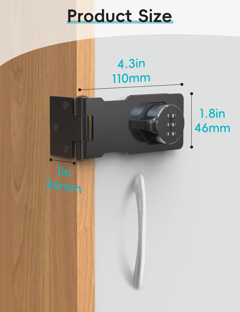 Cabinet Password Hasp Lock, Keyless Combination Lock for Small Doors, Barn, Bathroom, Outdoor, Garage, Garden, Black 1 Pack