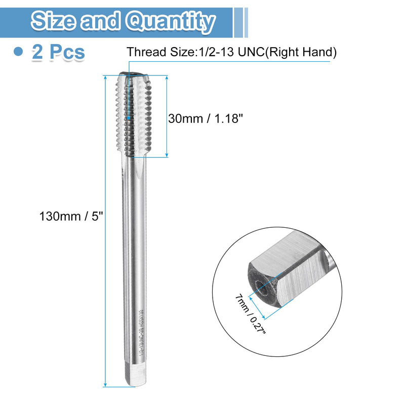 uxcell 2pcs Straight Flute Screw Taps 1/2-13 UNC 2B Thread 5" Extra Long HSS6542 Machine Threading Milling Tap Tapping Tools 1/2-13 UNC x 5"