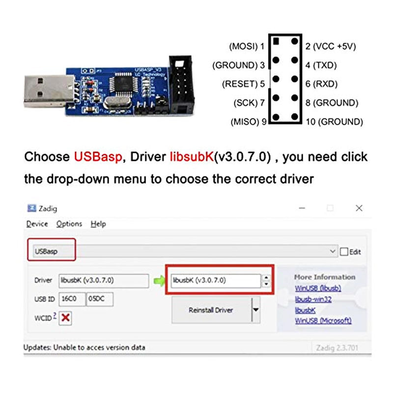 for ATMEL 51 AVR USB ISP ASP Microcontroller Programmer Downloader with Cable + 10Pin to 6Pin Adapter Board for Ender 3 or Ender 3 Pro(Pack of 2)