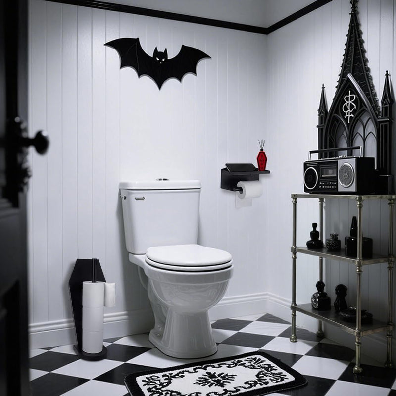 Gothic Coffin Toilet Paper Holder Stand - Free Standing Matte Black Bathroom Storage, Solid Wooden with 5 Anti-Slip Pads, Spooky Dark Aesthetic Bathroom Decor