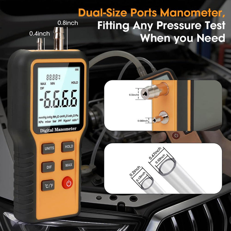 Digital Manometer HVAC, Differential Dual-Port Gas Pressure Tester, | 12 Units Differential Pressure Gauge, Data Storage & Zeroing, Air Pressure Meter, LCD Display Backlit for HVAC 0.4&0.4inch