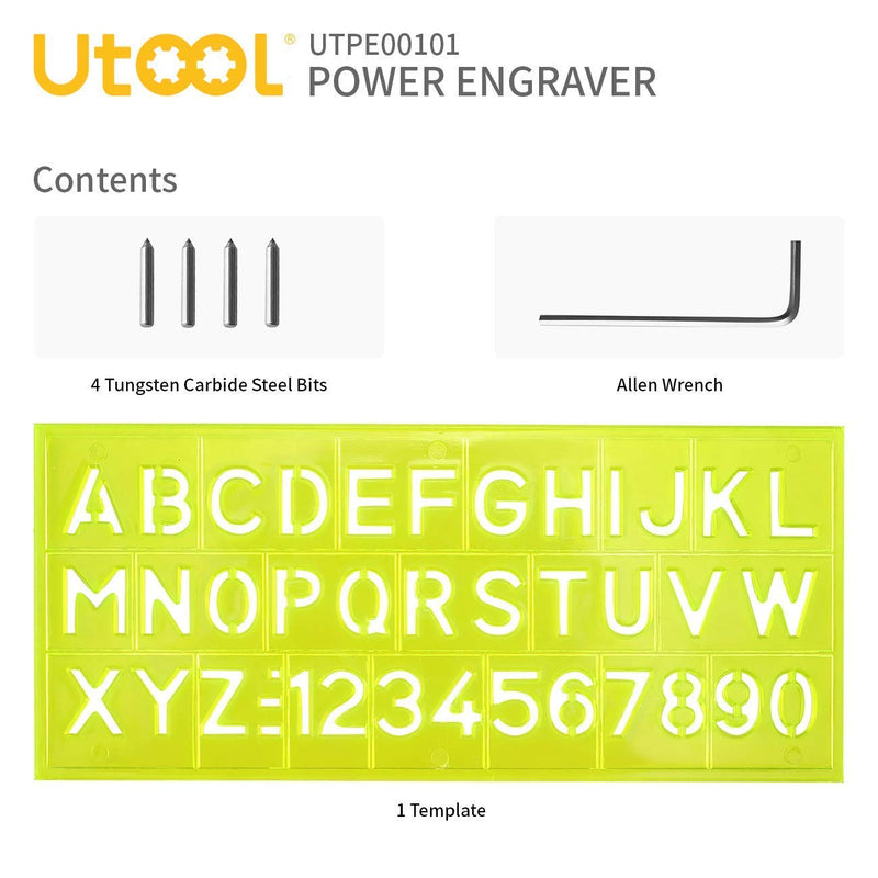 UTOOL Engraver Pen with Letter/Number Stencil, 24W Handheld Etching Tool for Wood Metal Glass Engraving with 4 Replaceable Tungsten Carbide Steel Bits 1 Pen + 4 Bits + 1 Stencils
