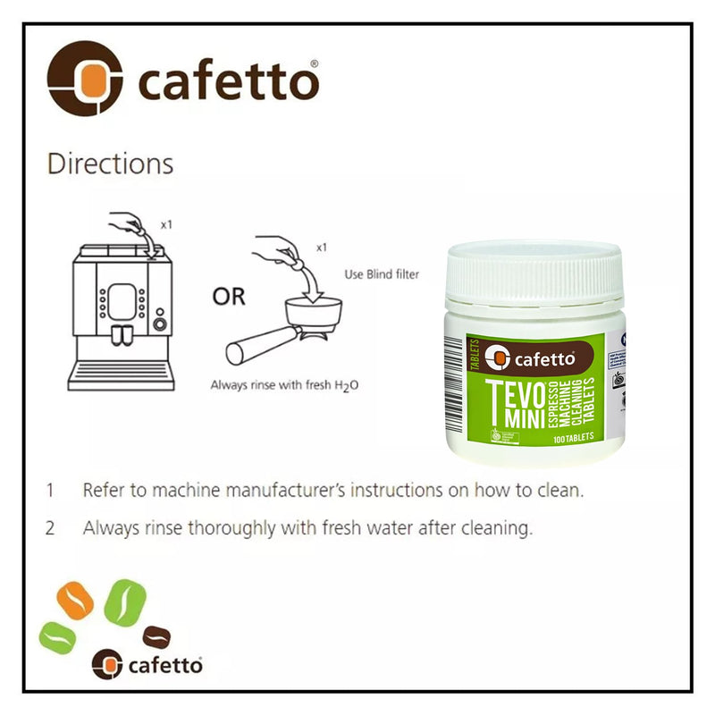 Cafetto Tevo Tablets Mini 1.5g 100 Tablets for manual and semi automatic espresso machines. Compatible with Breville, Sage, Gaggia, Rancilio, Rocket, ECM, Profitec, Lelit.