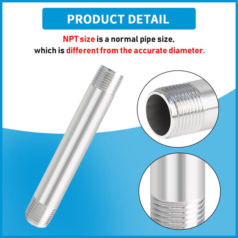 Quickun 304 Stainless Steel Nipple Pipe Fitting, 3/4" NPT x 3/4" NPT Male Malleable Nipple Cast Pipe 6" Length