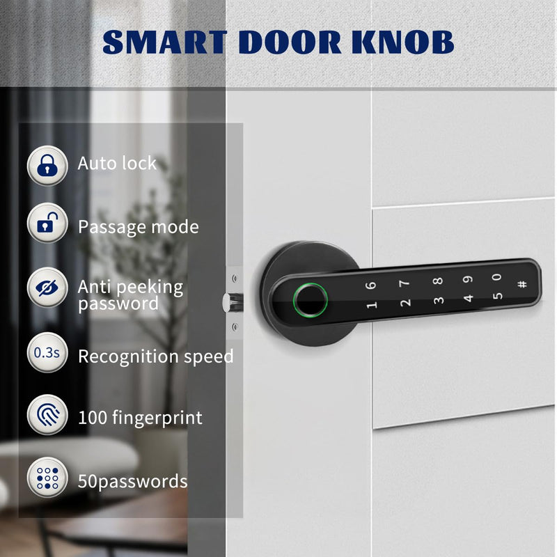 Fingerprint Door Lock,Touchscreen Biometric Door Lock, with Passcode keypad keyless Entry Door Handle,Smart Lock Handle Digital Door Lock, for Bedroom Home Hotel Office Apartment (Black) Black