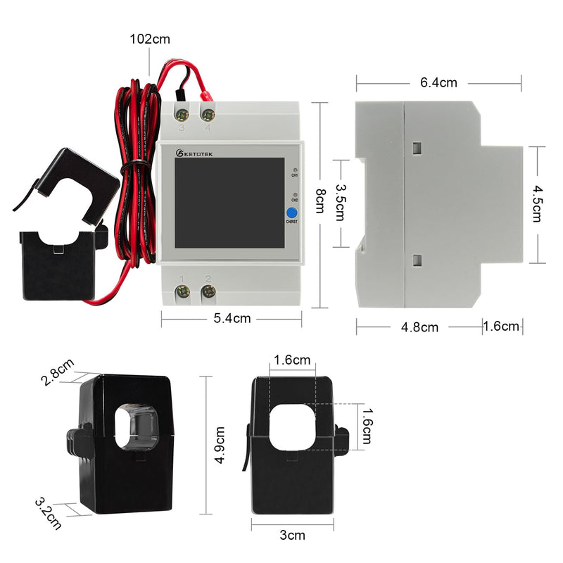 KETOTEK Power Meter Single Phase, 2 Channels, Energy Meter DIN Rail Electricity Usage Monitor with LCD, kWh Meter AC40-300V 100A, Ammeter Voltmeter with Split Core Current Transformer CT 2 Channels, Split Core CT
