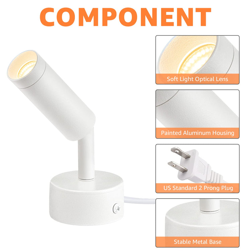 2 Pack Spot Lights Indoor, 120V Up Lights Indoor, LED Accent Spotlight, 3W Plant Spotlight, 3000K Floor Spotlight for Plants Pictures Desk, Uplights with 5.9 FT Plug Cord and Foot Switch