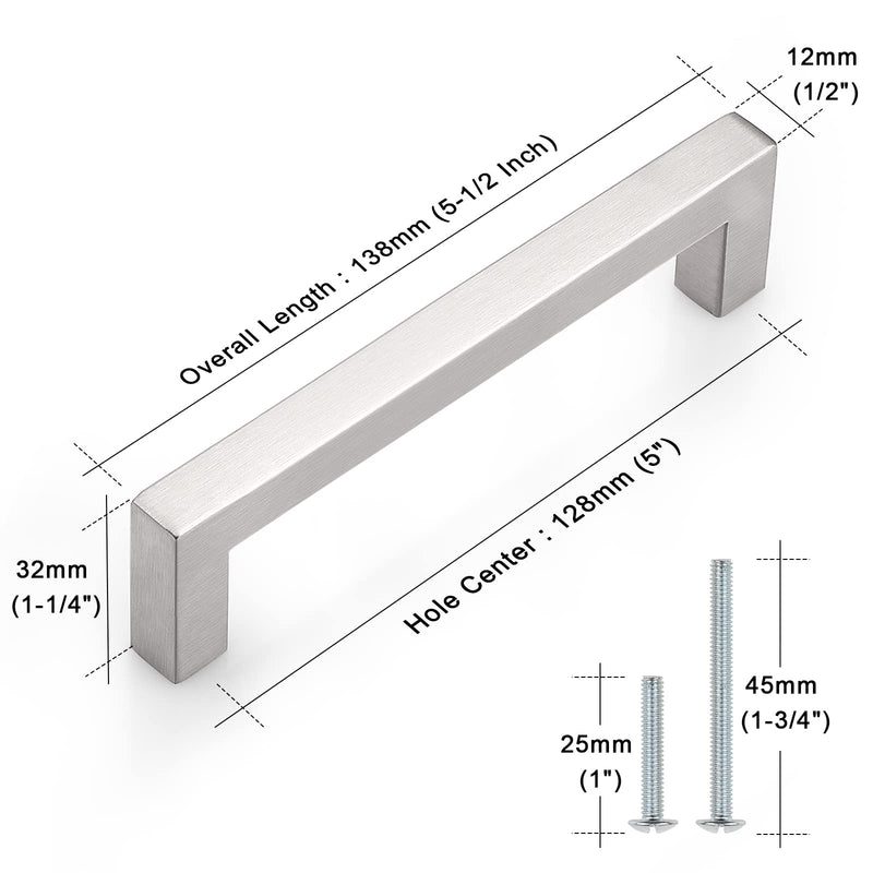 Probrico 20 Pack|Square Cabinet Handles 5 inch Holes Centers Stainless Steel Cupboard Bar Pulls Brushed Nickel Drawer Pulls 5.5 inch Total Length hole center 5"
