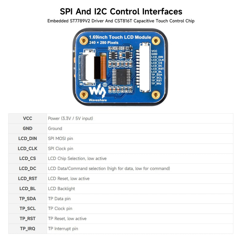 Waveshare 1.69inch Round LCD, Compatible with Raspberry Pi 5, Display Module with Touch Panel, Micro LCD Display, 240×280 Resolution, IPS, SPI and I2C Communication, 262K Display Color