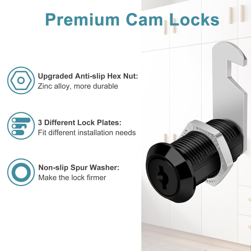 1-1/8" Cabinet Cam Lock with Keys 5PCS Black Cabinet Locks Keyed Alike Secure Files Drawers RV Storage Locks Replacement Set, Black Finish (1-1/8 Inch 5Pcs) Black 1-1/8 Inch 5Pcs