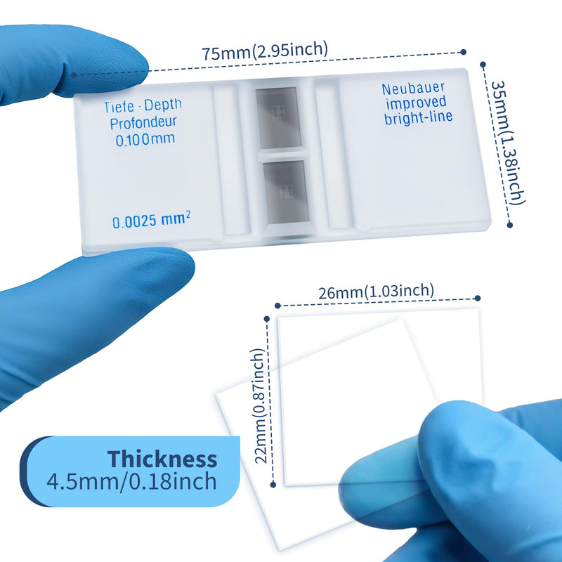 Cell Counting Chamber, Improved Neubauer Hemocytometer - Chrome-Plated Counting Grid with 0.1mm Depth, 2 Reusable Cover Glasses for Cell/Pollen Counting (Lab & Medical Use, 32x75mm)