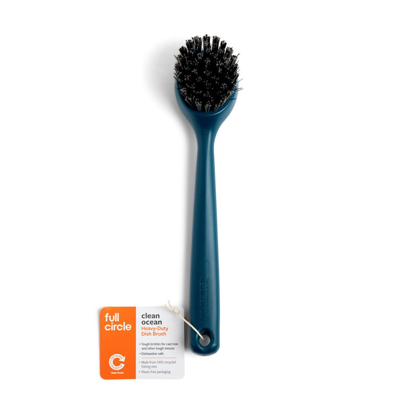 Full Circle Clean Ocean Heavy Duty Dish Brush, Cast Iron Brush with Handle, Tough Bristles, Ergonomic Grip, Long Handle, Built-in Scraper. Made Out of 100% Recycled Fishing Nets. Dishwasher Safe Heavy-Duty Dish Brush Teal