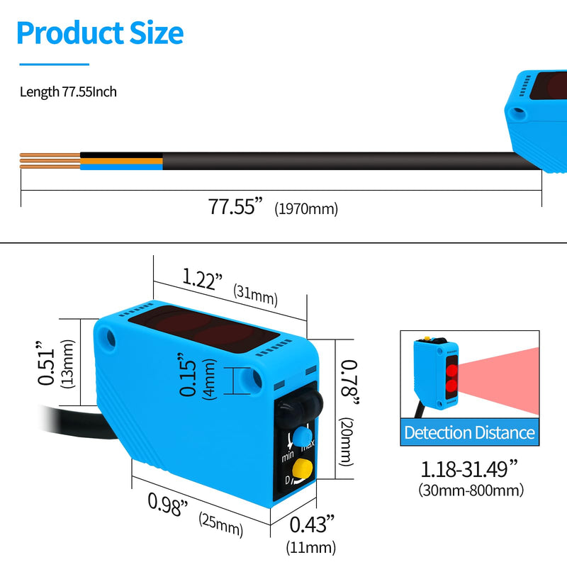 Photoelectric Sensor Switch PNP NO+NC,DC10-30V,Distance:80cm/31.52'', AE3Z-D61,Reflective photovoltaic Sensor,Garage Parking sensors,Infrared,Beam NPN