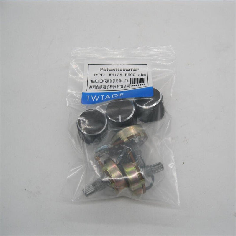 TWTADE / 3pcs wh138 500 ohm Potentiometer Single Turn Rotary Linear Variable Potentiometer +3pcs black Aluminum alloy knob