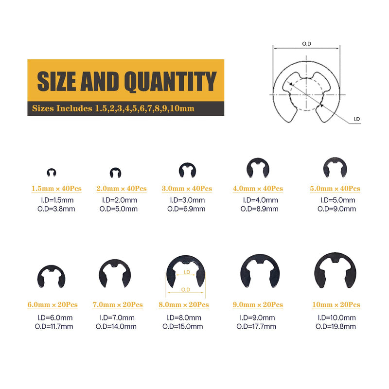 300Pcs Black Alloy Steel E Clip Assortment Kit E-Clip External Retaining Ring Assortment Set (M1.5-M10,300 PCS)