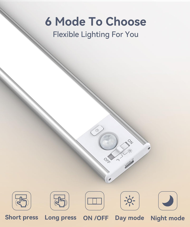 Under Cabinet Lighting, LED Motion Sensor Light Indoor, 2200mAh USB Rechargeable Closet Lights Battery Operated, Stick On Magnetic Wireless Dimmable Under Counter Lights for Kitchen, Stairs (2 Pack) White Light 8 inch