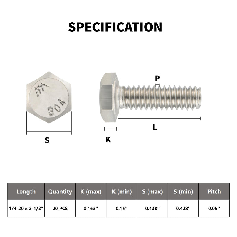 20Pcs 1/4-20 x 2-1/2" Hex Head Screws Bolts,304 Stainless Steel 18-8,Fully Threaded,External Hex Drive,Mounting Chair,Rail,Pump,Wheels,Handles,Antenna Parts,Boat and Plastic Bumpers(VG10209) 2-1/2" 1/4-20"