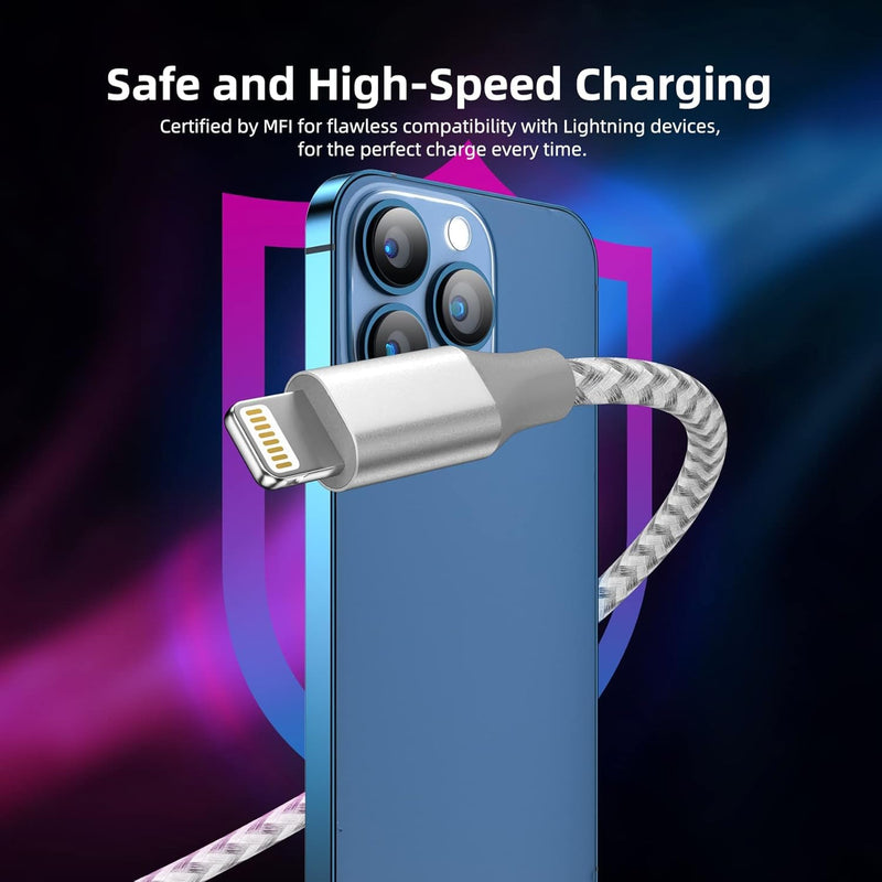 iPhone Charger 3 Pack 10 ft Apple MFi Certified Lightning Nylon Braided Cable Fast Charging Cord Compatible with iPhone 13 12 11 Pro Max XR XS X 8 7 6 Plus SE iPad and More GrayWhite