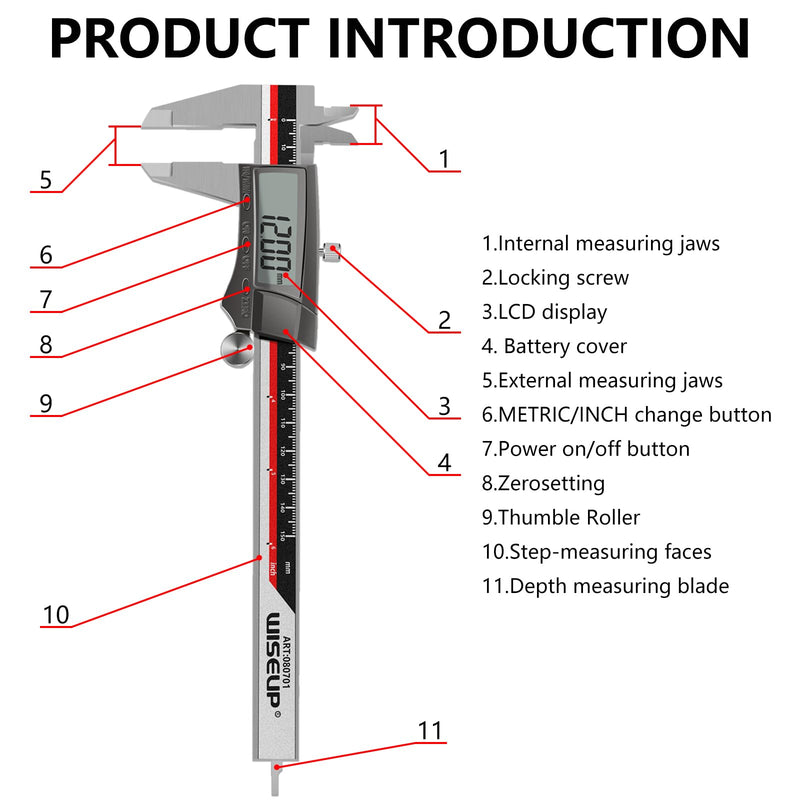 WISEUP Digital Caliper Measuring Tool,Stainless Steel Waterproof and dustproof Digital Caliper, 6inch / 150 mm Vernier Caliper Digital with Large LCD Screen，Extreme Accuracy Fowler Digital Caliper