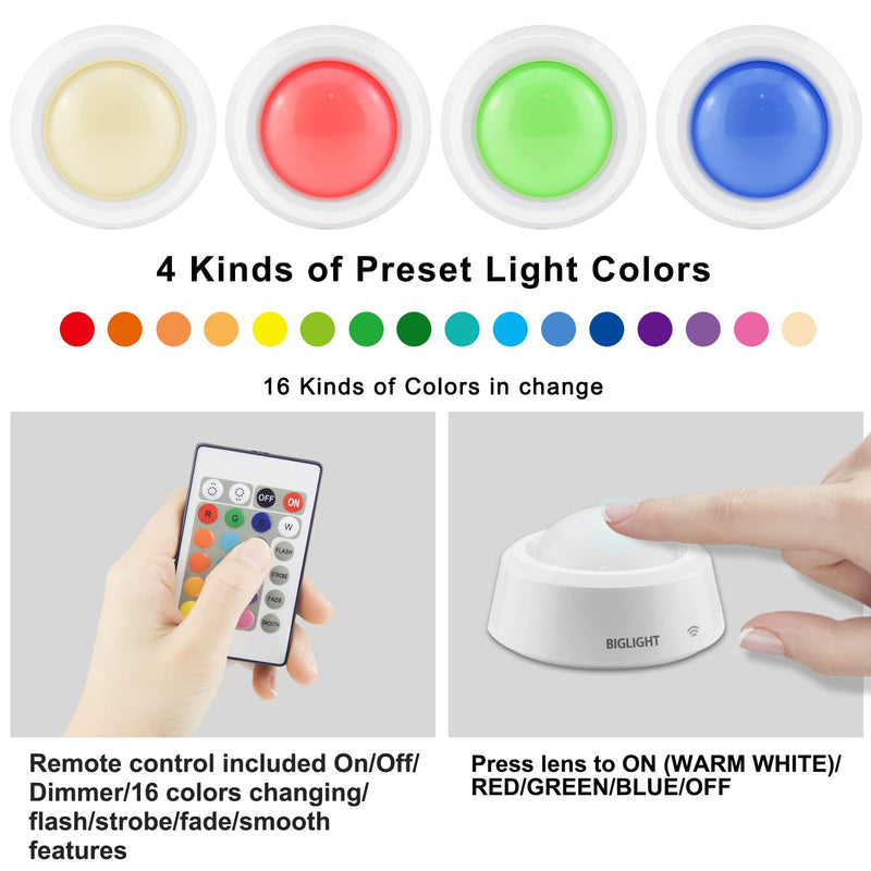 BIGLIGHT Push Lights, RGB Touch Lights, Battery Operated Closet Light, Wireless Tap Light, LED Puck Lights, Remote Controlled Color Changing Lights, Stick on Voice Level Lights for Classroom