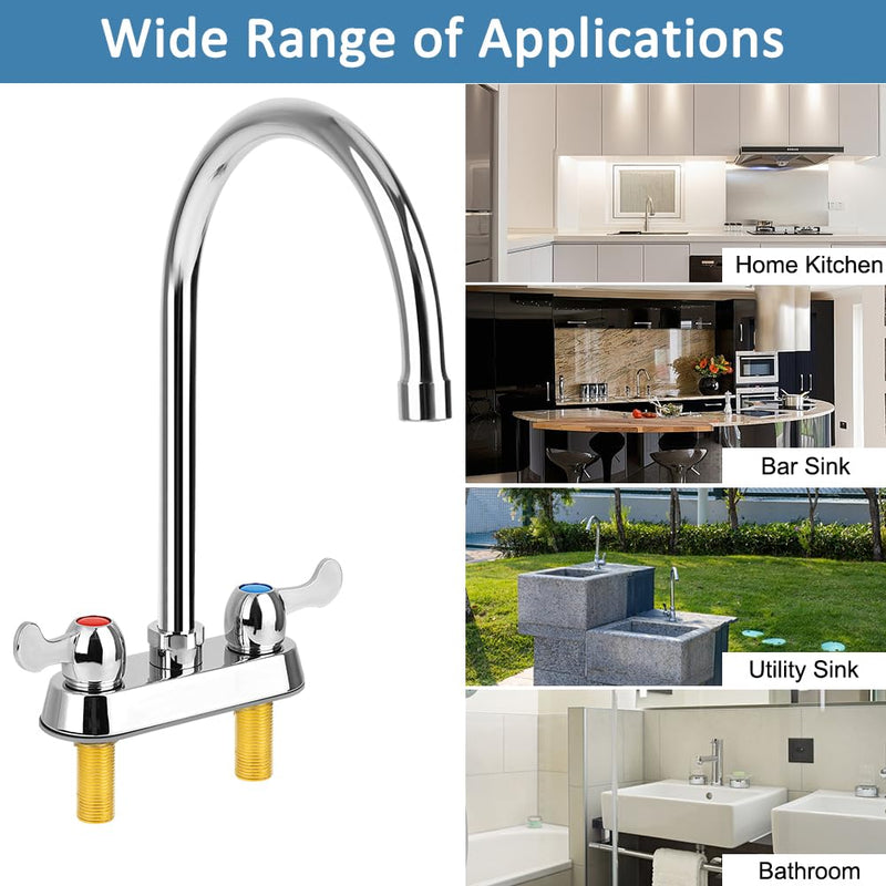 Commercial Bar Sink Faucet with 8" Gooseneck Spout, 4 Inch Center Deck Mount Hand Sink Faucet for Laundry, Restaurant, Utility Sink, Brass Constructed