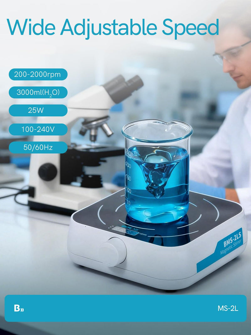 Magnetic Stirrer 200-2000 RPM Digital Display with 3 Stir Bars &a Retriever | Max Stirring Capacity: 3000ml, Magnetic Mixer with Speed Control for Liquid Mixing (No Heating) MS-2L