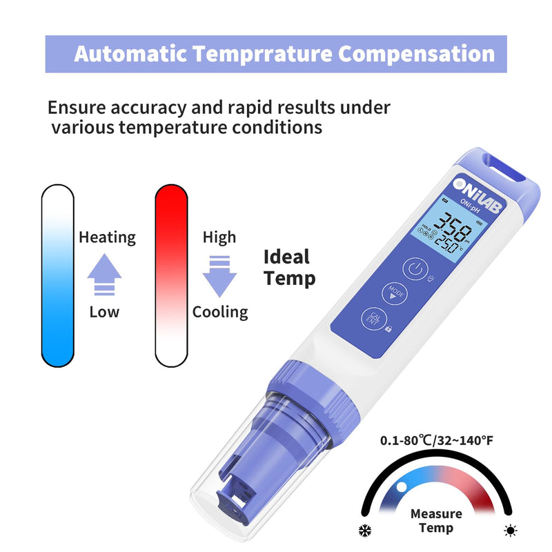 ONiLAB Digital pH Meter,0.01pH High Accuracy Pen Type pH Tester Kit,Waterproof, Auto Temperature Compensation, Easy Calibration,Replaceable Probe
