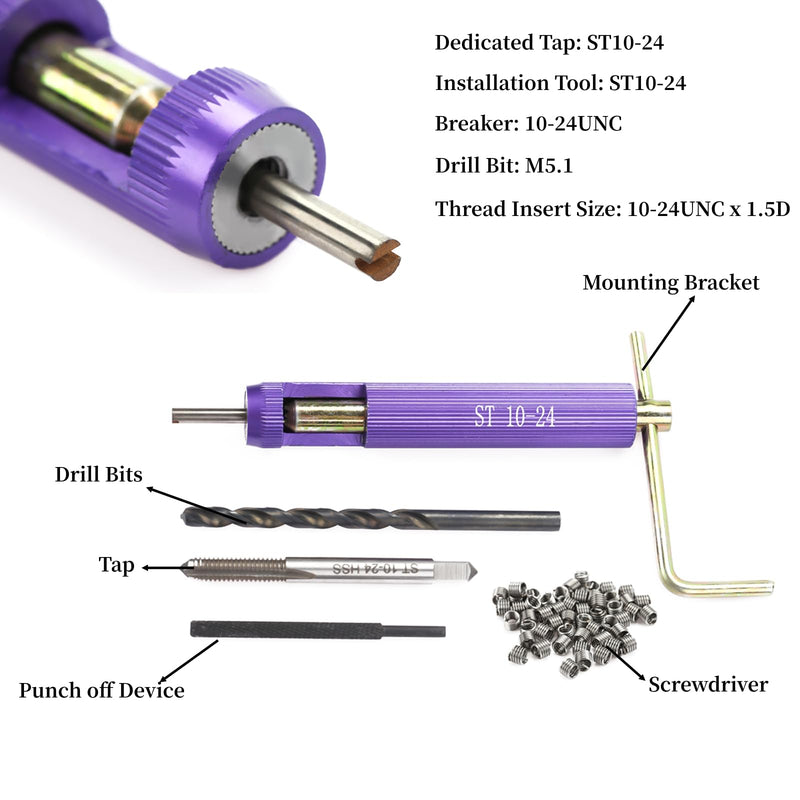 AUNMAS 50Pcs Stainless Steel Coiled, 10 24 Helicoil Kit Wire Helical Screw Thread Inserts Kit Imperial 10 24Unc X 1.5D