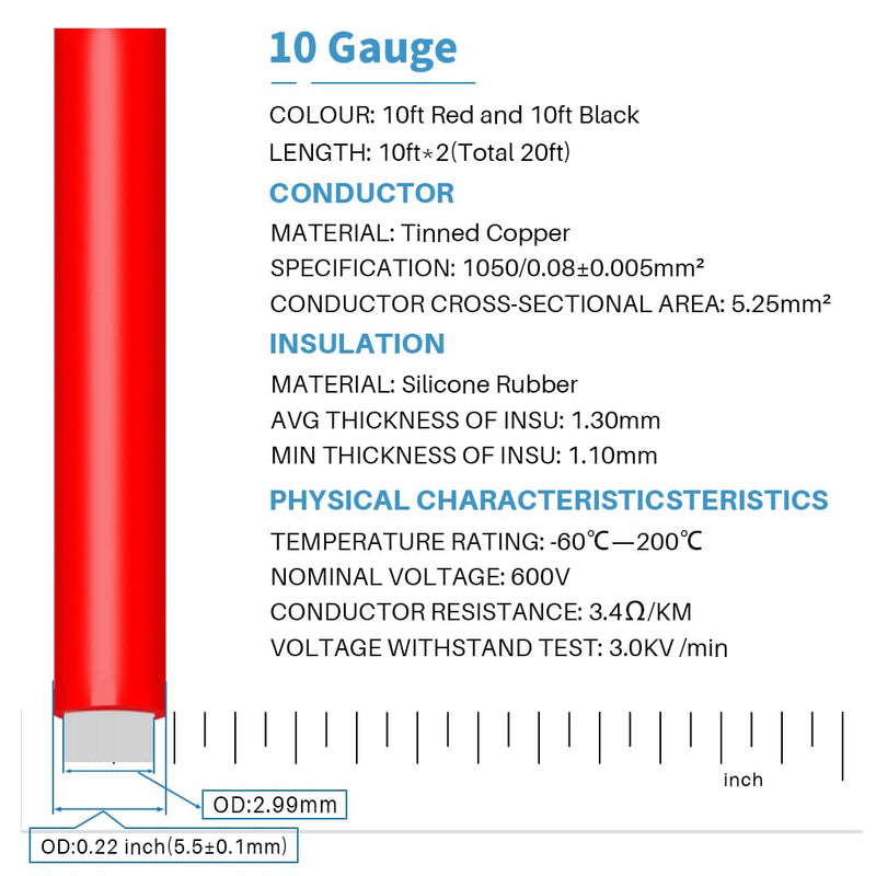 BNTECHGO 10 Gauge Silicone Wire 10 ft red and 10 ft Black Flexible 10 AWG Stranded Tinned Copper Wire 10 silicone wire red 10ft and black 10ft Silicone Wire Red and Black
