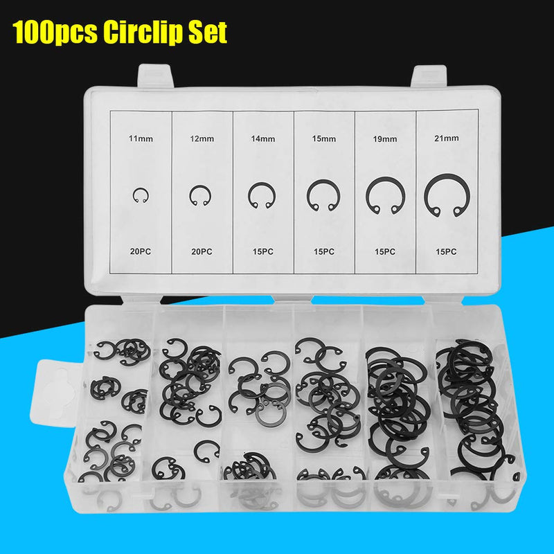 Bordstract External Retaining Rings Assortment Kit, 100Pcs Snap Rings Circlip Set 6 Sizes from 11mm to 21mm for Grooved Shafts Pins Studs and More