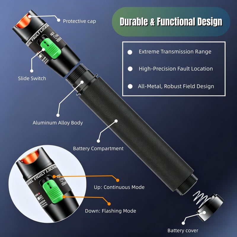 Visual Fault Locator, Fiber Optic Cable Tester Pen, VFL Red Light Tool with FC to LC Adapter & 2.5mm Universal Connector (Black, 30 KM) Black