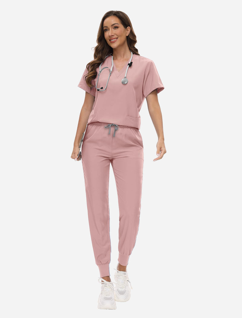 VIAOLI Scrubs for Women Set V-Neck Pocket Top & Drawstring Jogger Scrub Pants Stretch Nursing Scrubs Set Uniform Pink Medium